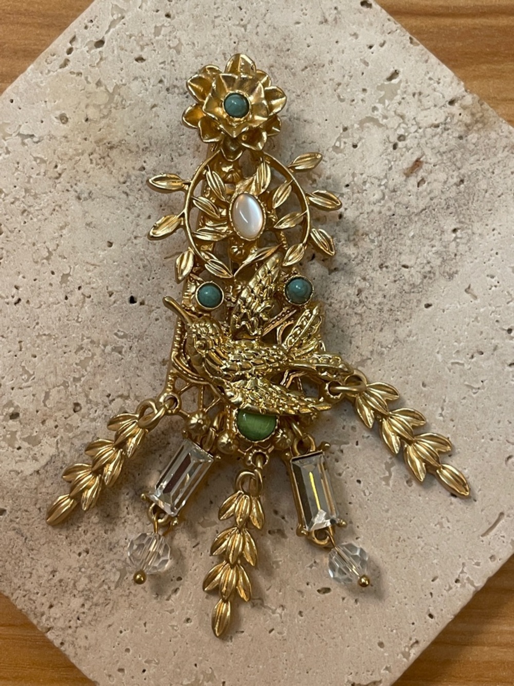 Ornate Bird Brooch Pendant Gold Green Cabochon Crystal Drop Statement Jewelry